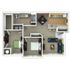 Inviting floor plan with 2 bedrooms, elegant open living and dining area, modern kitchen, and a full bathroom.