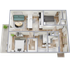 Modern 3D floor plan showcasing 2 bedrooms, a cozy open-plan living area, sleek kitchen, and elegant bathroom, enhanced with stylish furniture layout.