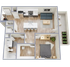Modern open-concept floor plan showcasing a 1-bedroom apartment with a spacious kitchen, cozy living area, and stylish bathroom. Bright, inviting layout with natural wood flooring and a touch of green from a balcony garden.