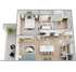 Modern open-concept apartment floor plan showcasing one bedroom, stylish kitchen, cozy living area, and private balcony.
