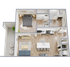 Modern apartment floor plan showcasing a spacious bedroom, chic open-plan kitchen, and cozy living area with elegant hardwood floors, complemented by a private balcony.
