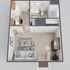 Modern open-concept studio floor plan with a sleek living area, cozy kitchen, and spacious bathroom, featuring stylish decor and natural light.