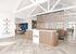 Contemporary office space featuring a stylish reception area with modern decor, elegant wooden accents, and a welcoming atmosphere.