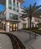 Stylish apartment building exterior with large windows and vibrant palm tree, surrounded by neatly arranged flower beds.
