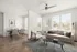 Chic living room with large windows, modern furnishings, and a cozy dining area.
