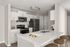 Modern kitchen with sleek white cabinets, stainless steel appliances, and a stylish breakfast bar with wooden stools.