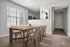 Bright dining area with a modern wooden table and six elegant chairs, overlooking a cozy open kitchen space.