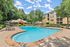 Inviting outdoor pool with surrounding lounge chairs and lush greenery at a modern apartment complex.