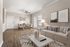 Elegant living and dining area featuring a cozy sofa, modern decor, and a wooden dining table, enhanced by natural light from large windows.