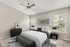 Elegant bedroom with a cozy bed, modern ceiling fan, and stylish decor, creating a serene retreat filled with natural light.