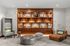 Chic modern lounge with wooden shelving, plush furniture, and stylish decor, perfect for relaxation and reading.