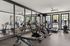 Modern fitness center with state-of-the-art equipment, including treadmills, exercise bikes, and weight benches, complemented by large mirrors and natural light for an energetic workout atmosphere.