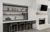 Chic modern kitchen with sleek black and white design, featuring a stylish breakfast bar, open shelves, and a cozy fireplace.