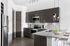 Modern kitchen with sleek dark cabinets, stainless steel appliances, and elegant pendant lighting over a granite countertop.