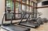Modern fitness center with state-of-the-art treadmills and exercise bikes, featuring large windows for natural light and a stylish interior.