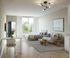 Chic studio apartment with a modern design, featuring a cozy bed, stylish sofa, and a bright open layout in a serene setting with large windows.