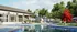Luxurious outdoor pool area with modern lounge chairs, surrounded by lush greenery and colorful trees, exuding a serene resort-like ambiance.