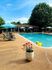 Inviting pool area with vibrant umbrellas and comfortable lounge chairs, surrounded by lush greenery and playful beach balls, perfect for relaxation and leisure.