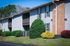 Charming apartment building with modern siding, private balconies, and lush landscaping in a serene neighborhood setting.