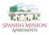 Charming Spanish Mission Apartments illustration featuring elegant architecture with red doors, lush greenery, and a bright sky.