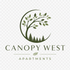 Elegant logo for Canopy West Apartments, featuring a stylized tree with lush green leaves and pine trees, conveying a serene and natural living environment.
