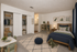Inviting children's bedroom with cozy decor, including a plush bed, playful dinosaur toys, ample closet space, and a charming reading nook.