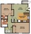 Inviting apartment floor plan showcasing 2 bedrooms, 2 elegant baths, spacious living area, and a modern kitchen/dining space. Ideal for contemporary living.