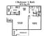 Modern 1 bedroom floor plan with spacious living area, functional kitchen, and private patio in 873 sq. ft.
