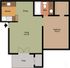 Chic floor plan showcasing a cozy 1-bedroom layout with an inviting living and dining area, efficient kitchen, and relaxing patio.