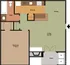 Inviting floor plan featuring a spacious 1-bedroom apartment with an open living and dining area, a modern kitchen, and a cozy patio.