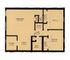 Charming floor plan showcasing a spacious living room, cozy bedroom, well-appointed kitchen, and dining area, complete with multiple closets for ample storage.