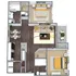 Modern 2D floor plan showcasing 2 bedrooms, a cozy living room, a dining area, and a sleek kitchen with adjacent outdoor patio.