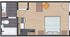 Contemporary 2D floor plan with a cozy bedroom, spacious bath, and functional kitchen area, perfect for modern living.