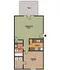 Modern floor plan featuring an open 19'x19' living and dining area, cozy 12'x12' bedroom, efficient kitchen layout, and relaxing patio space.