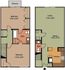 Charming two-level floor plan showcasing 2 spacious bedrooms, a cozy balcony, open living and dining area, and modern kitchen.