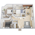 Chic 3D floor plan with 2 cozy bedrooms, modern kitchen, stylish bathroom, and inviting living-dining area for ideal urban living.