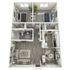 Modern 3D floor plan showcasing two cozy bedrooms, open living area, stylish kitchen, and a well-appointed bathroom for comfortable living.
