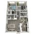 Contemporary 3D floor plan showcasing 2 stylish bedrooms, an inviting open-concept living and dining area, a modern kitchen, and 2 bathrooms.