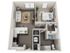 Modern 3D floor plan showcasing a cozy one-bedroom apartment with an open-concept living area, sleek kitchen, and convenient in-unit washer and dryer.