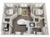 Modern 3D floor plan showcasing 2 bedrooms, stylish living room, open kitchen with island, and 2 bathrooms. Includes convenient walk-in closet and laundry area, highlighted by natural lighting.