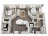 Modern 2D floor plan featuring two cozy bedrooms, a sleek open-concept living area, and a contemporary kitchen with island. Includes two stylish bathrooms and convenient in-unit laundry with natural light throughout.