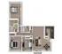Elegant 3D floor plan showcasing two bedrooms, cozy living area, modern kitchen, and two bathrooms with ample closet space.