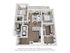 Modern 3D floor plan showcasing 2 bedrooms, a spacious living room, and an open-concept kitchen with a breakfast bar. Features include elegant bathrooms, a balcony, and in-unit washer/dryer.