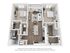 Modern 3D apartment floor plan featuring two spacious bedrooms, open-concept living room, and sleek kitchen with island seating.