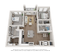 Modern 3D floor plan featuring two bedrooms, a cozy living room, and a stylish kitchen with island seating. Includes a dining area and two bathrooms, perfect for comfortable living.