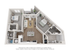 Modern 3D floor plan presenting 2 bedrooms, an inviting open-concept kitchen with island, and cozy living area with access to a private balcony.