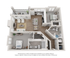 Charming 3D floor plan showcasing two spacious bedrooms, a modern kitchen with island seating, an elegant living area leading to a cozy balcony, and two bathrooms for ultimate comfort.