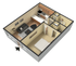 Modern 3D floor plan featuring one bedroom, open-concept kitchen and living area, and a compact bathroom.