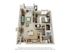 Elegant open-concept floor plan featuring a spacious living room, modern kitchen, and cozy bedroom with ample natural light.