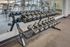 Modern gym with a variety of free weights and cardio machines against a mirrored wall.